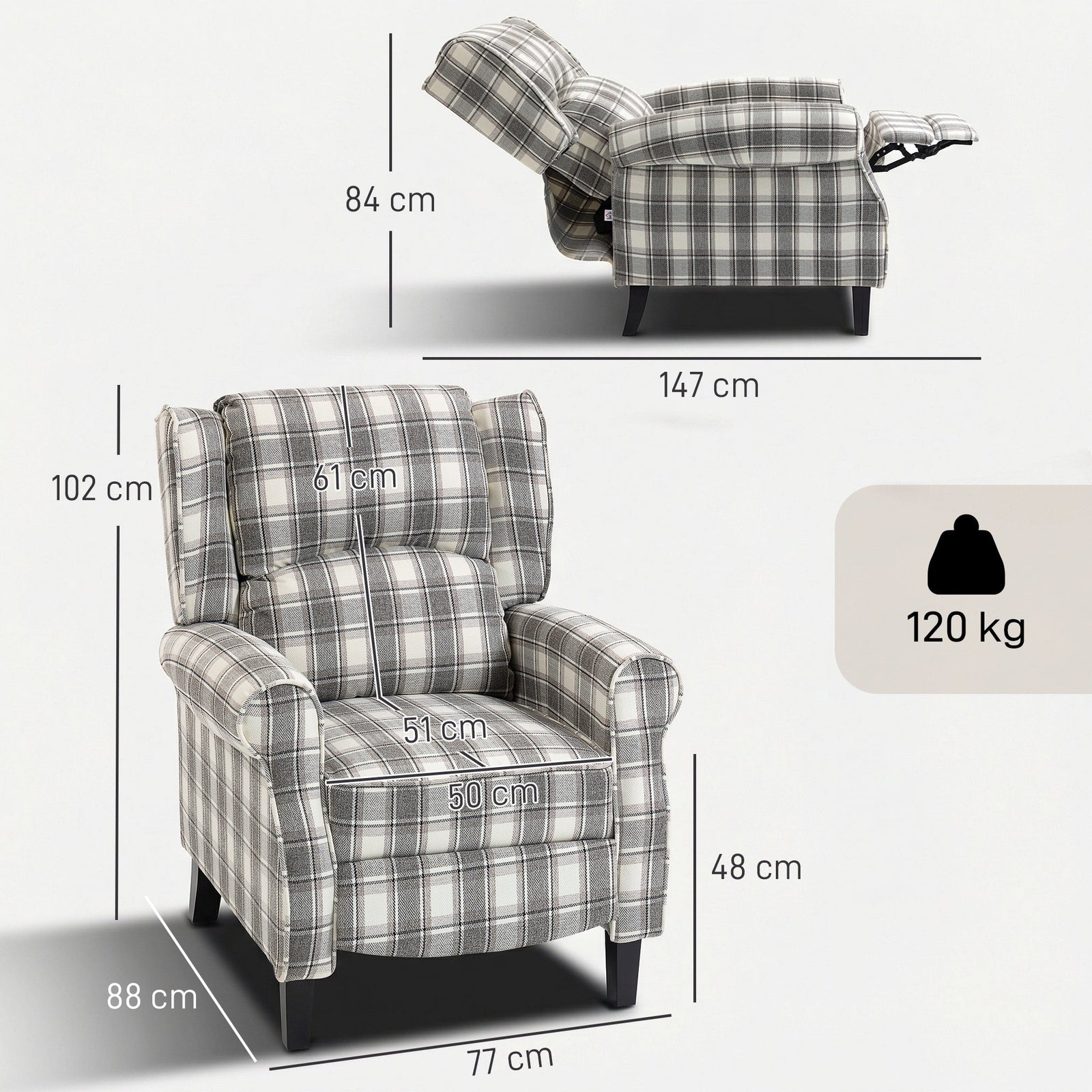 HOMCOM 160 degrees Reclining Armchair, with Footrest - Grey and White