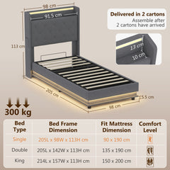 HOMCOM 3ft Single Bed Frame with Headboard, Platform Bed Frame with Hydraulic Storage, LED Lights and Charging Station, Grey