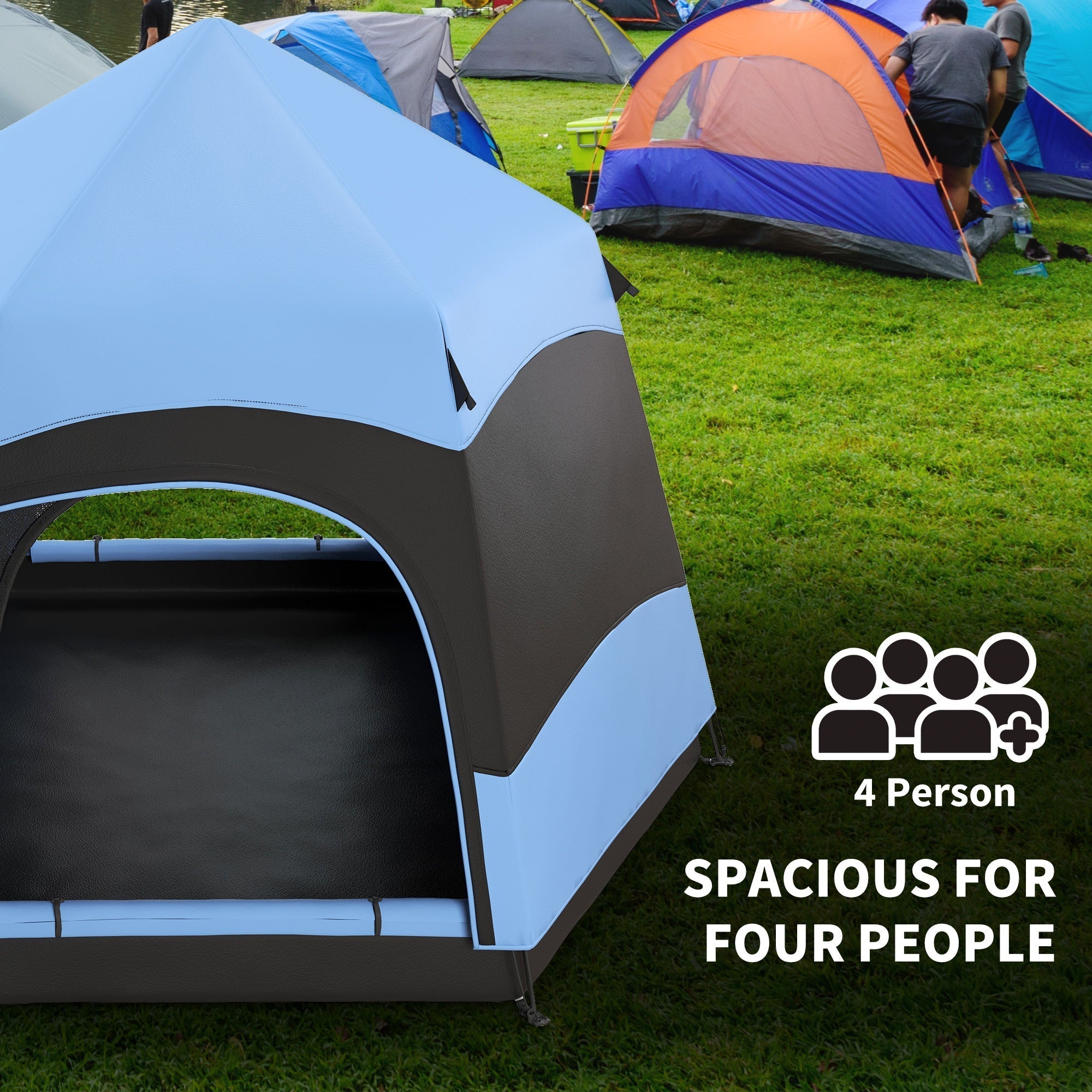 Outsunny Six Man Hexagon Camping Tent with Hang Hook and Carry Bag - Blue and Black