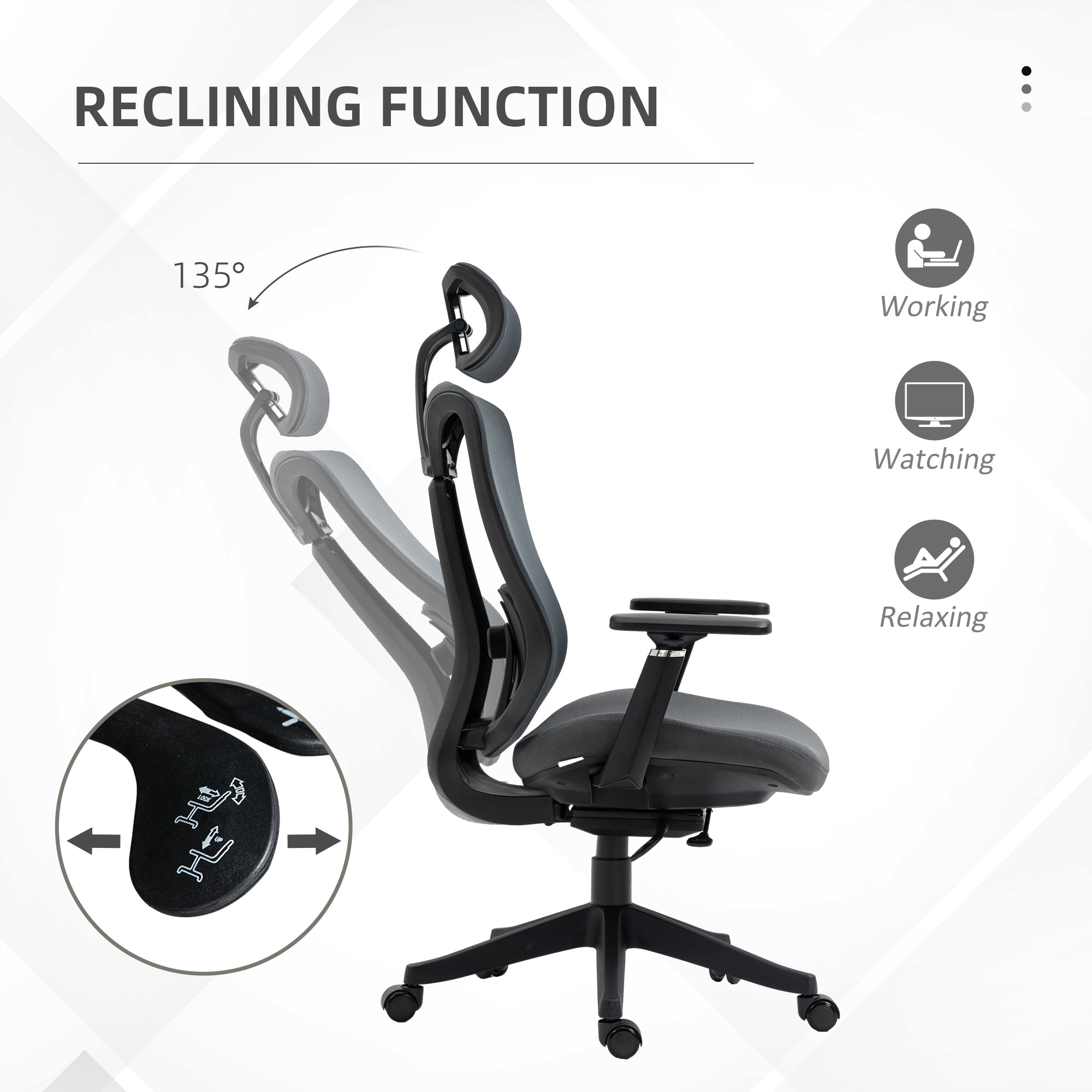 Vinsetto Mesh Office Chair, Ergonomic Desk Chair, Computer Chair with Adjustable Headrest and Lumbar Support, 135  Reclining Back and 3D Armrest for Home Office Study, Grey