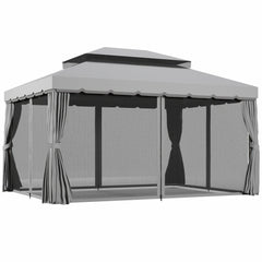 Outsunny 3 x 4m Aluminium Garden Gazebo, Marquee Canopy Shelter Pavilion Party Tent with Nets and Curtains for Garden and Deck, Light Grey