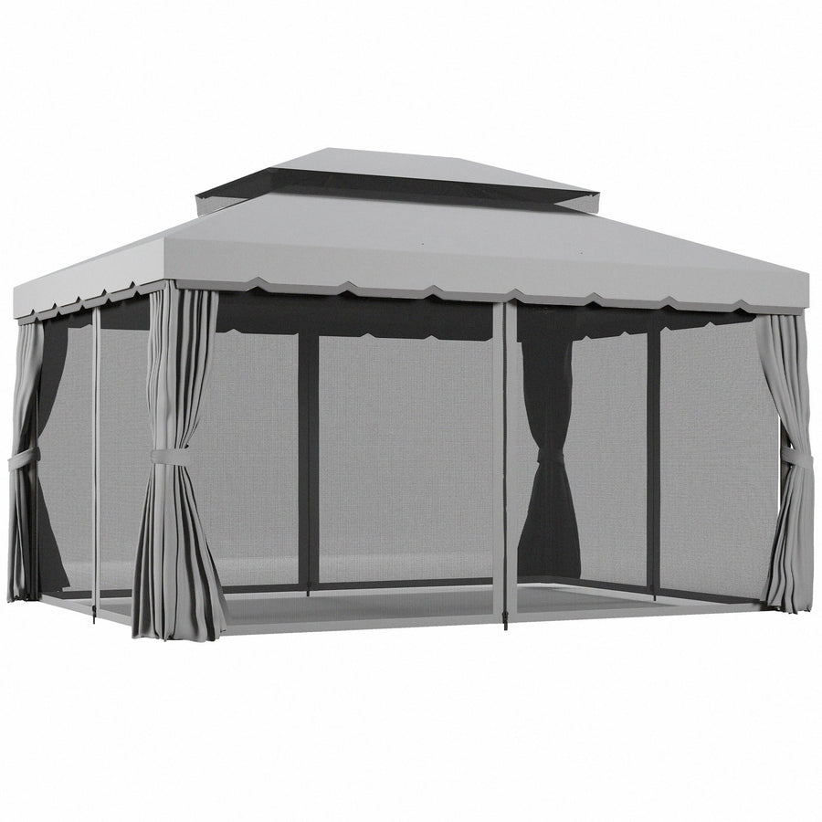 Outsunny 3 x 4m Aluminium Garden Gazebo, Marquee Canopy Shelter Pavilion Party Tent with Nets and Curtains for Garden and Deck, Light Grey