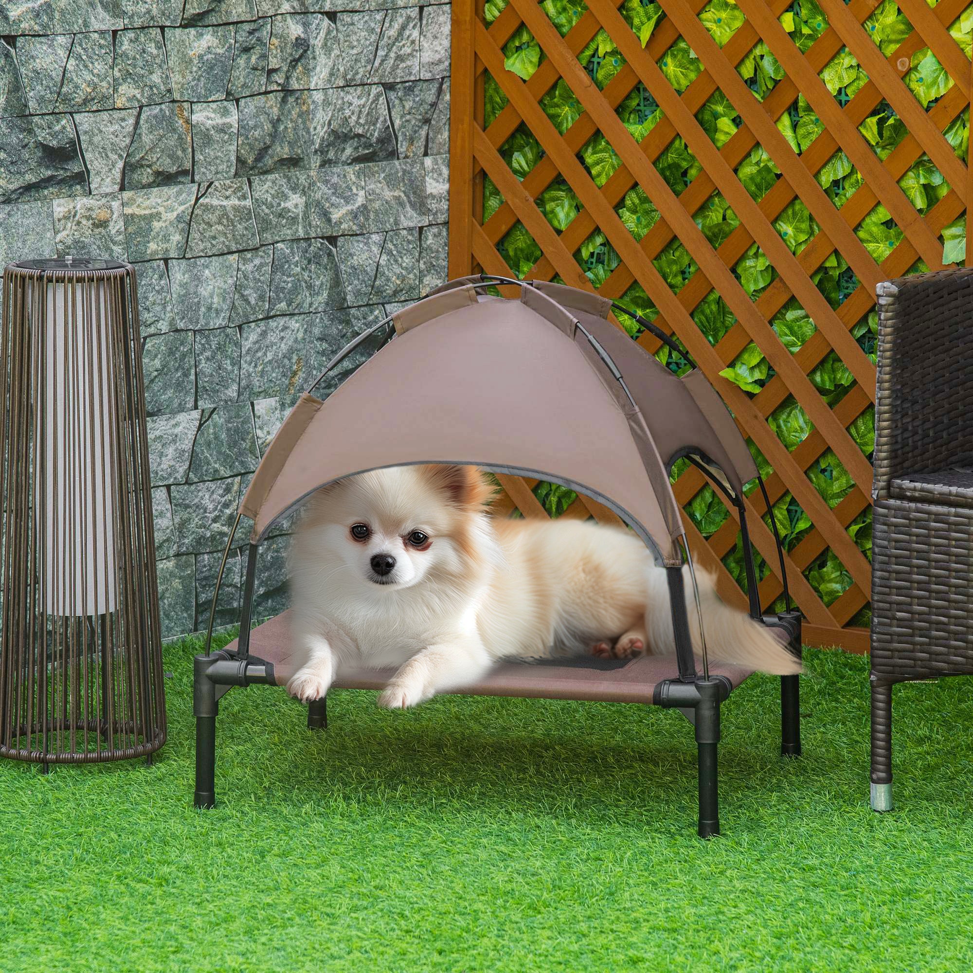 PawHut Raised Dog Bed Waterproof Elevated Pet Cot with Breathable Mesh UV Protection Canopy Brown, for Small Dogs, 61 x 46 x 62cm