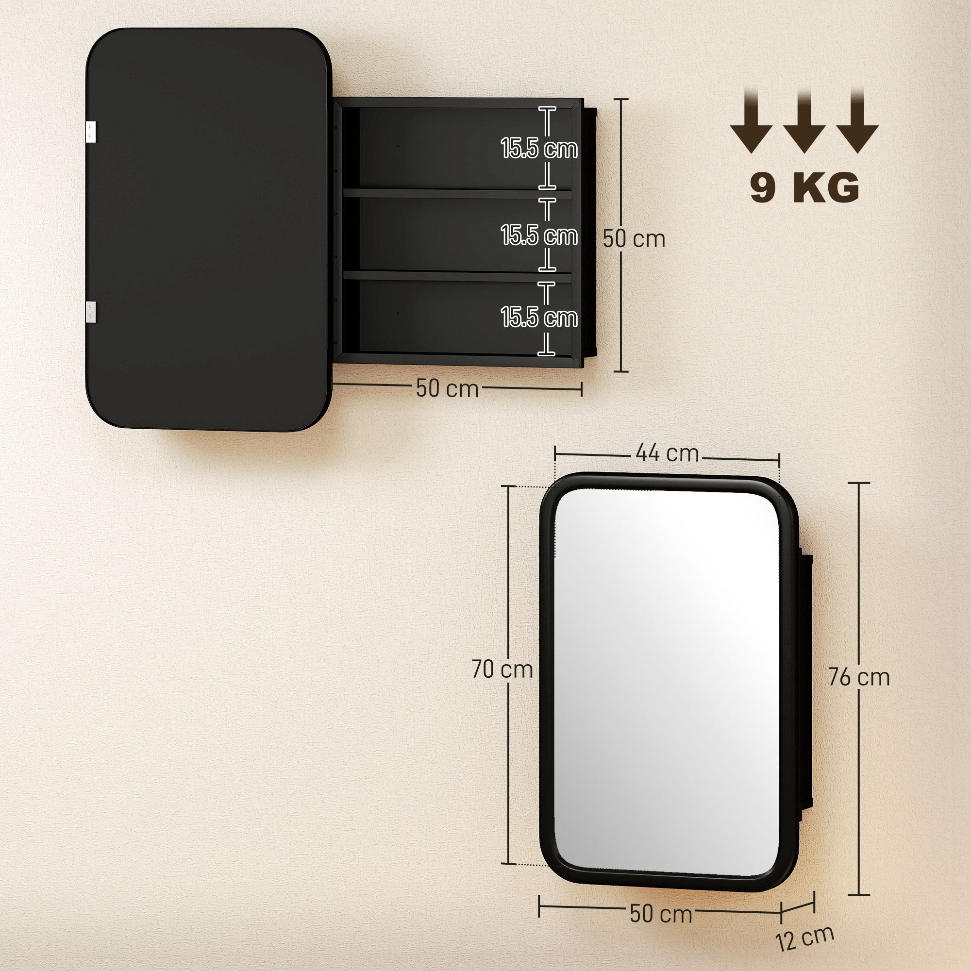 HOMCOM Bathroom Wall Cabinet with Tempered Mirror Metal Bathroom Mirror Cabinet with 3 Shelves Black