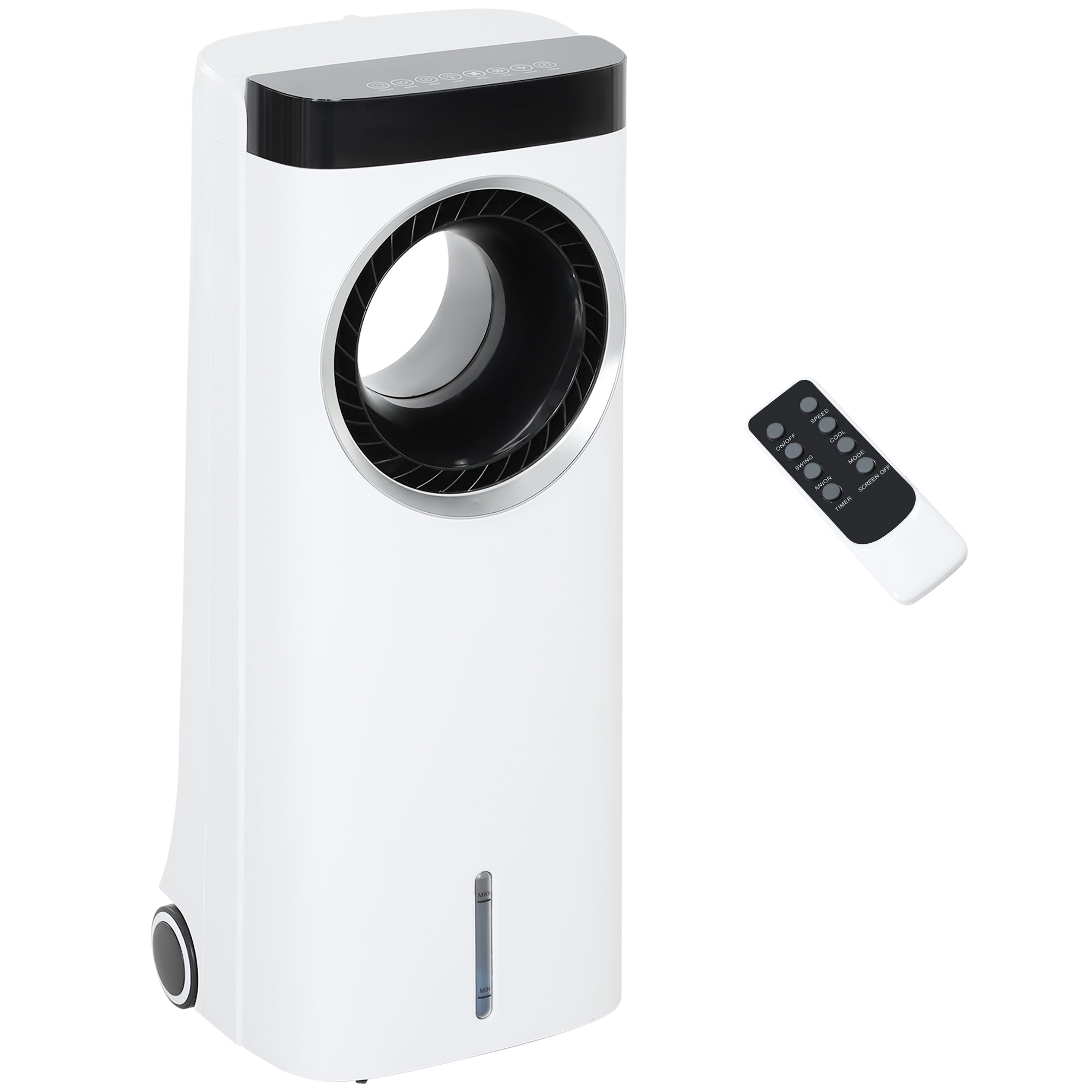 HOMCOM Evaporative Air Cooler, 6.5L 4-in-1 Bladeless Portable Cooler, Fan, Humidifier, Air Clean Anion with Oscillation, 6 Speeds, 24H Timer, Sleep Mode, 2 Ice Packs, Wheels, Remote, for Home Office