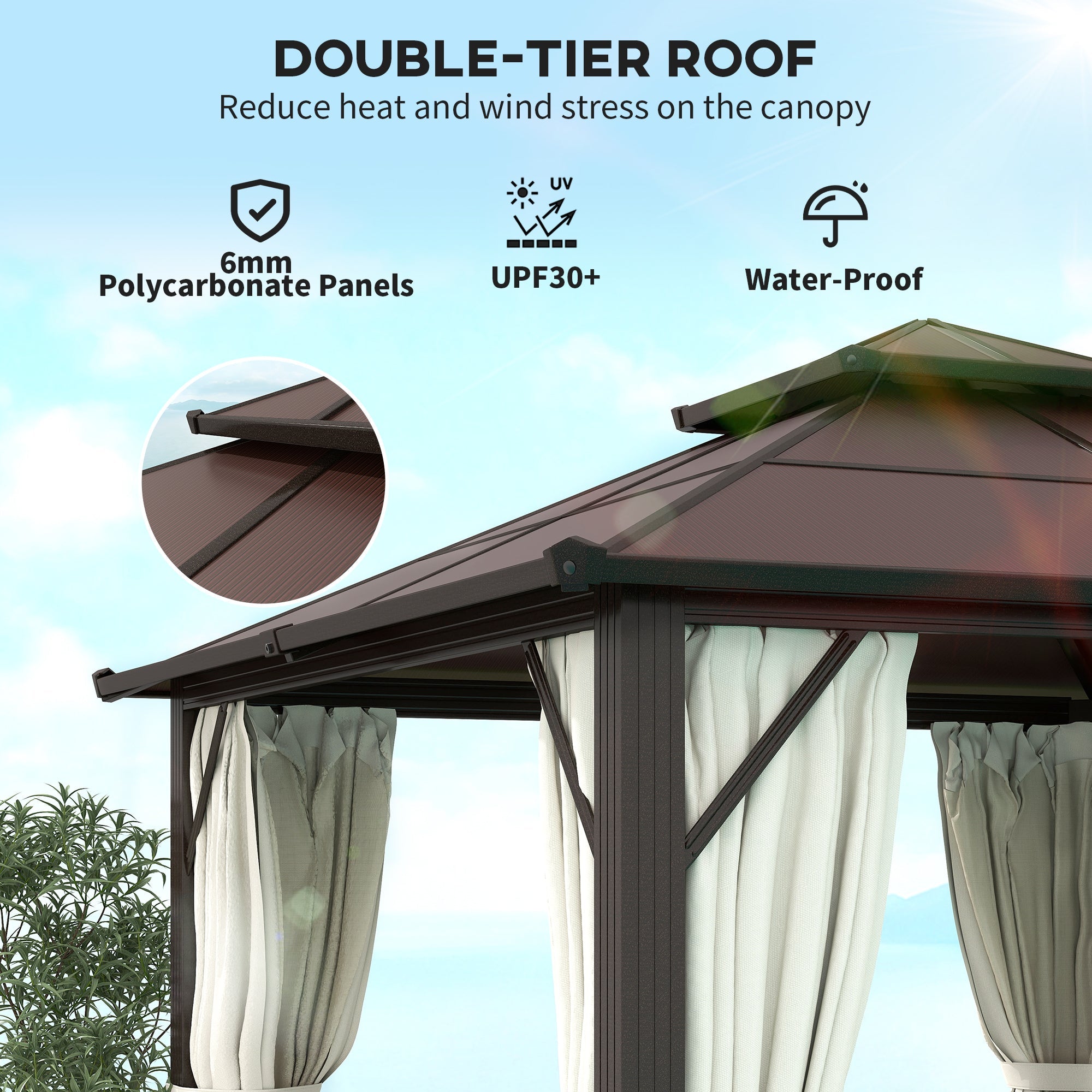 Outsunny 3 x 3(m) Hardtop Gazebo Canopy with UPF30+ Double Polycarbonate Roof, Aluminium Frame Garden Gazebo Permanent Pavilion with Mosquito Netting and Curtains for Patio, Deck, Beige
