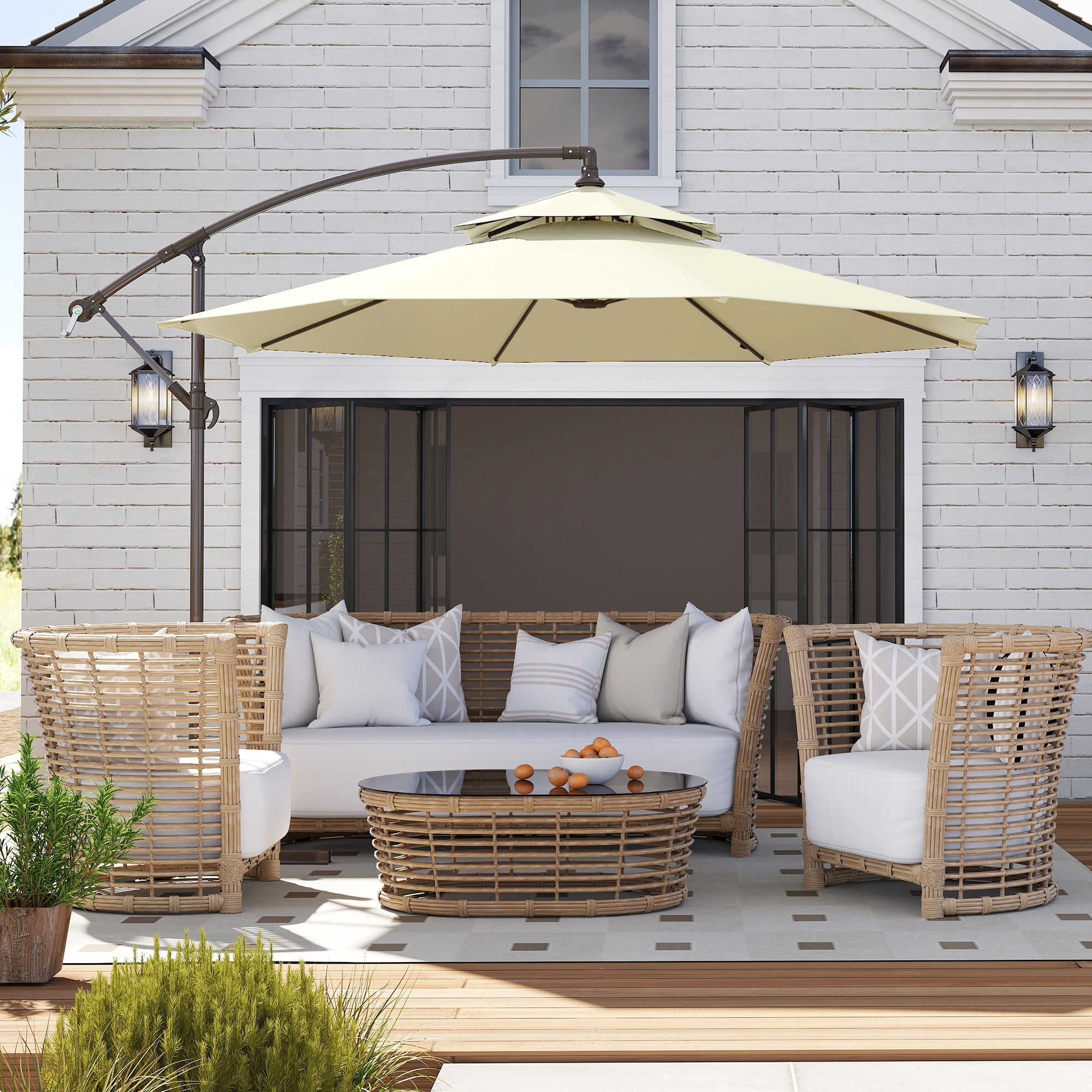 Outsunny 2.7m Garden Banana Parasol Cantilever Umbrella with Crank Handle, Double Tier Canopy and Cross Base for Outdoor, Hanging Sun Shade, Beige