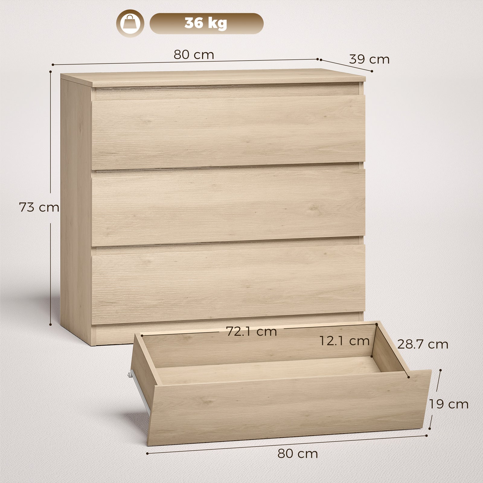 HOMCOM 3-Drawer Storage Organiser Unit, Chest of Drawers for Bedroom, Living Room, 80 x 39 x 73cm, Oak