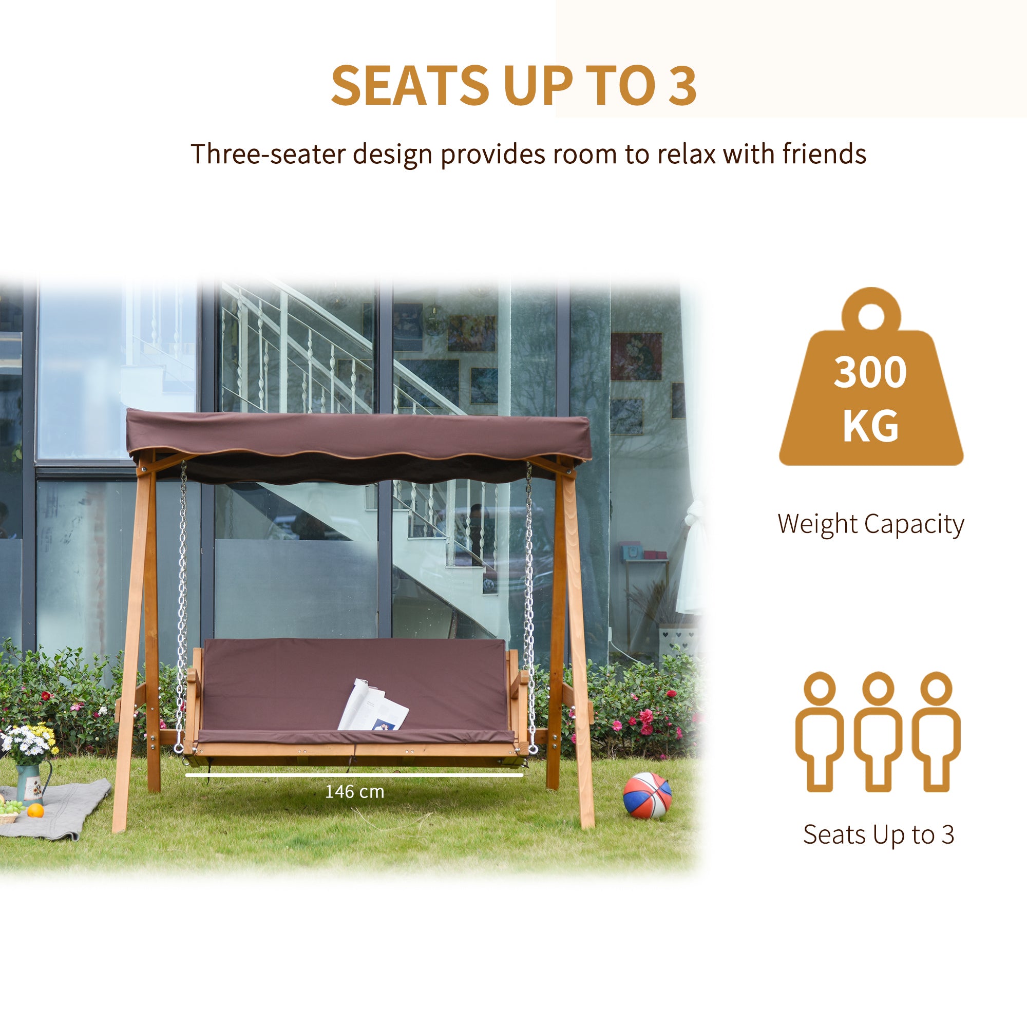 Outsunny 3 Seater Garden Swing Seat Outdoor Swing Chair with Adjustable Canopy, Wooden Hammock Bench with Padded Cushions for Patio Yard, Brown