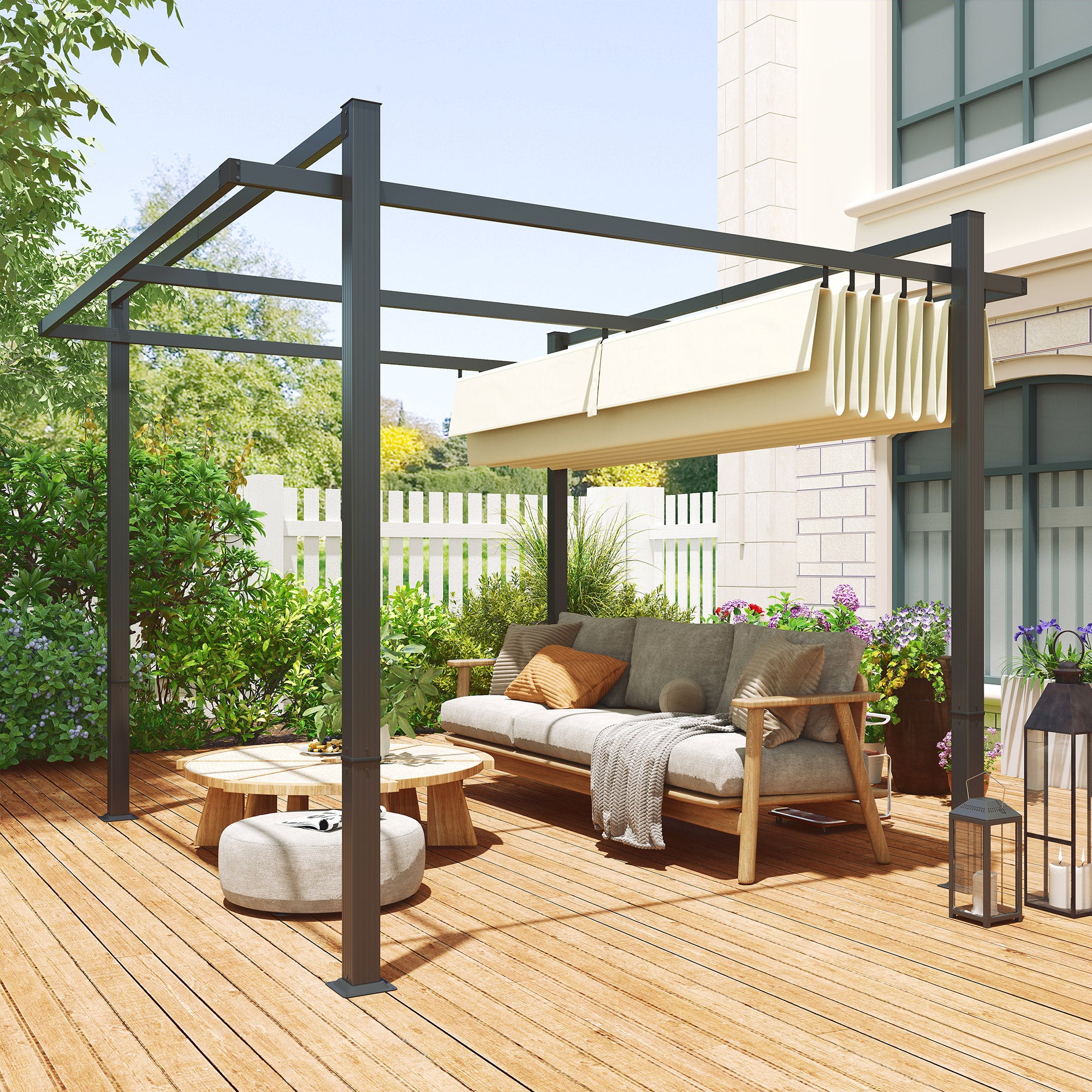 Outsunny 3 x 3m Aluminium Pergola, with Retractable Roof - Grey/Khaki