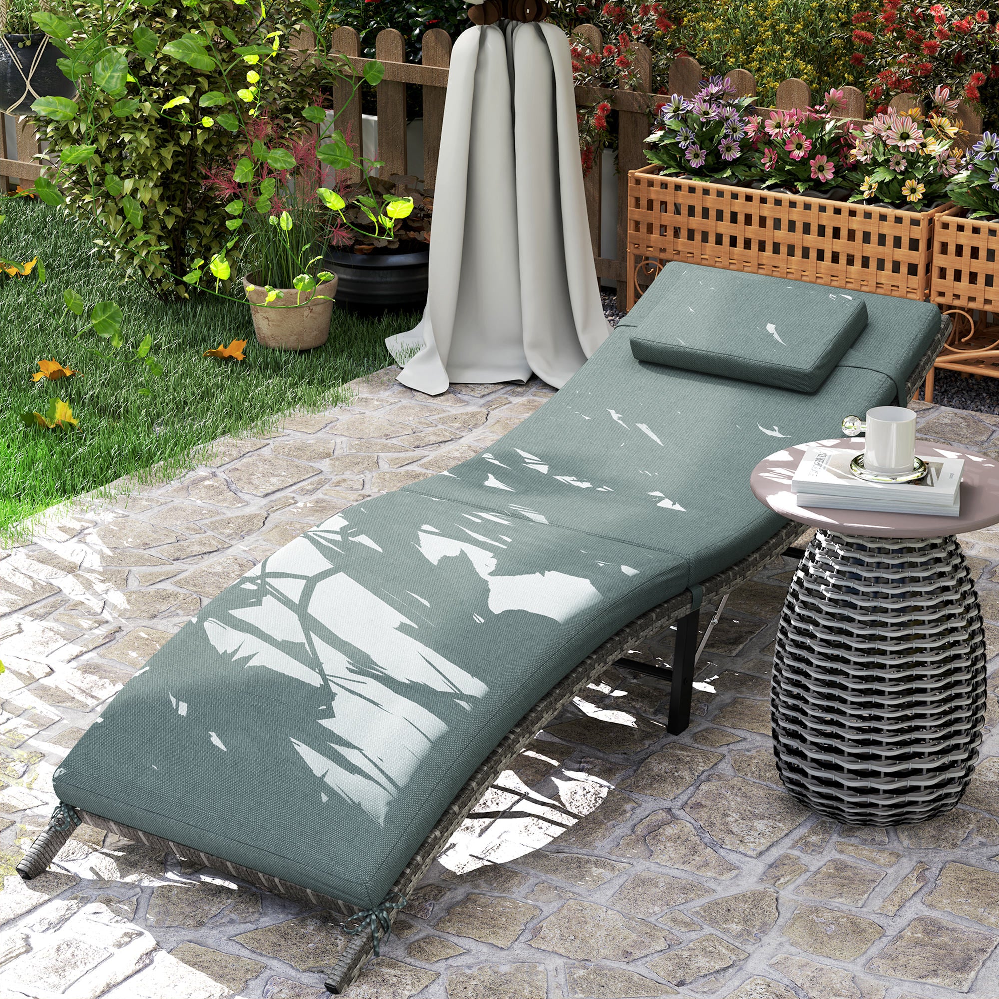 Outsunny Rattan Folding Sun Lounger Outdoor Chair with Cushion and Pillow Mixed Grey