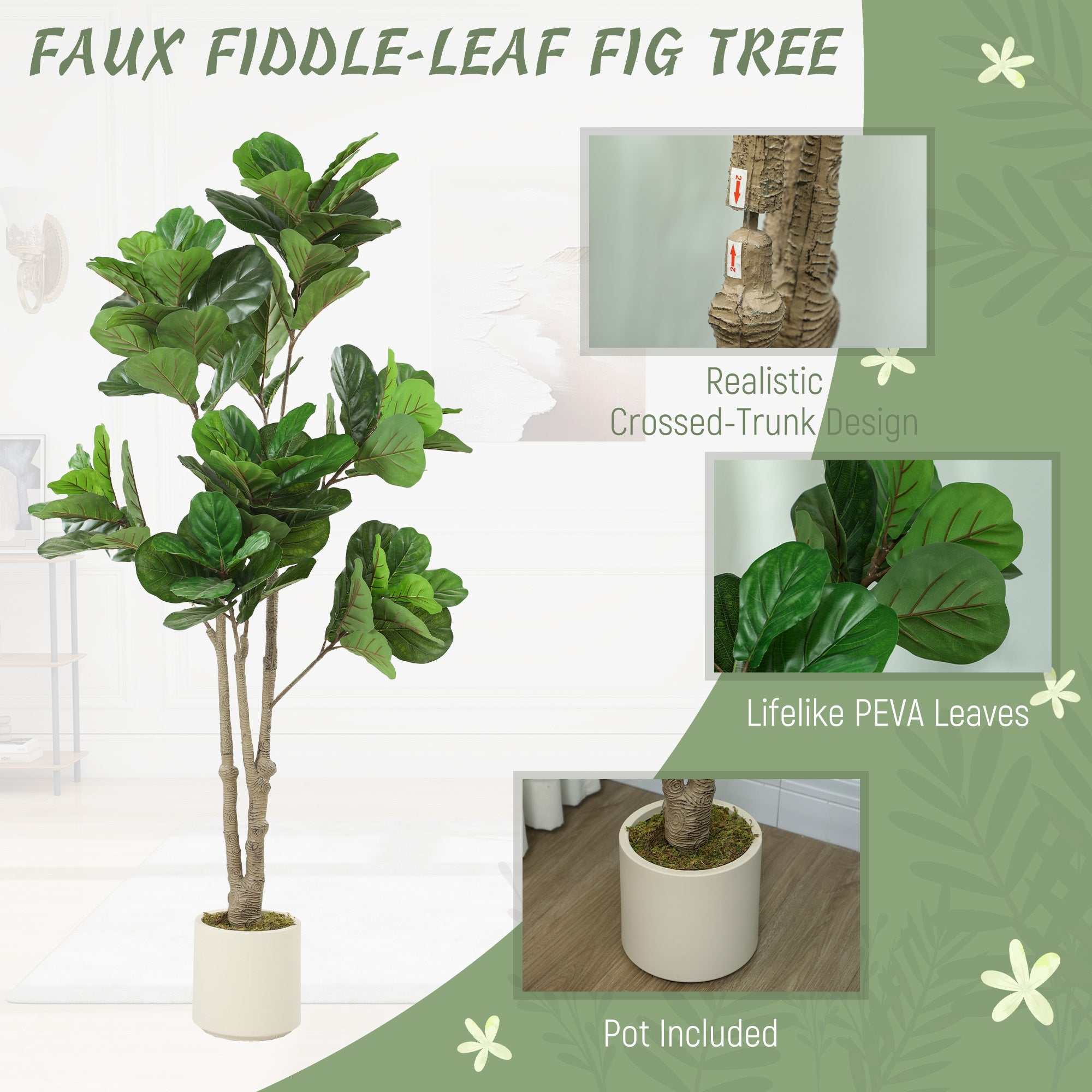 HOMCOM 180cm Artificial Fiddle Leaf Fig Tree - Green