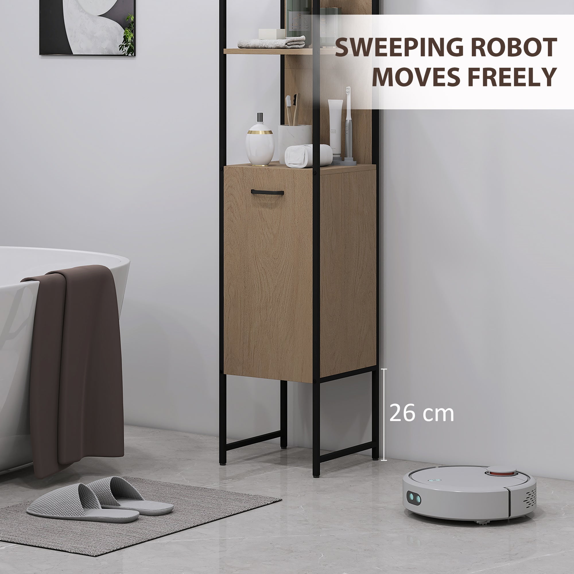 HOMCOM Tall Bathroom Cabinet with Open Shelves and Adjustable Shelf - Natural Wood Finish