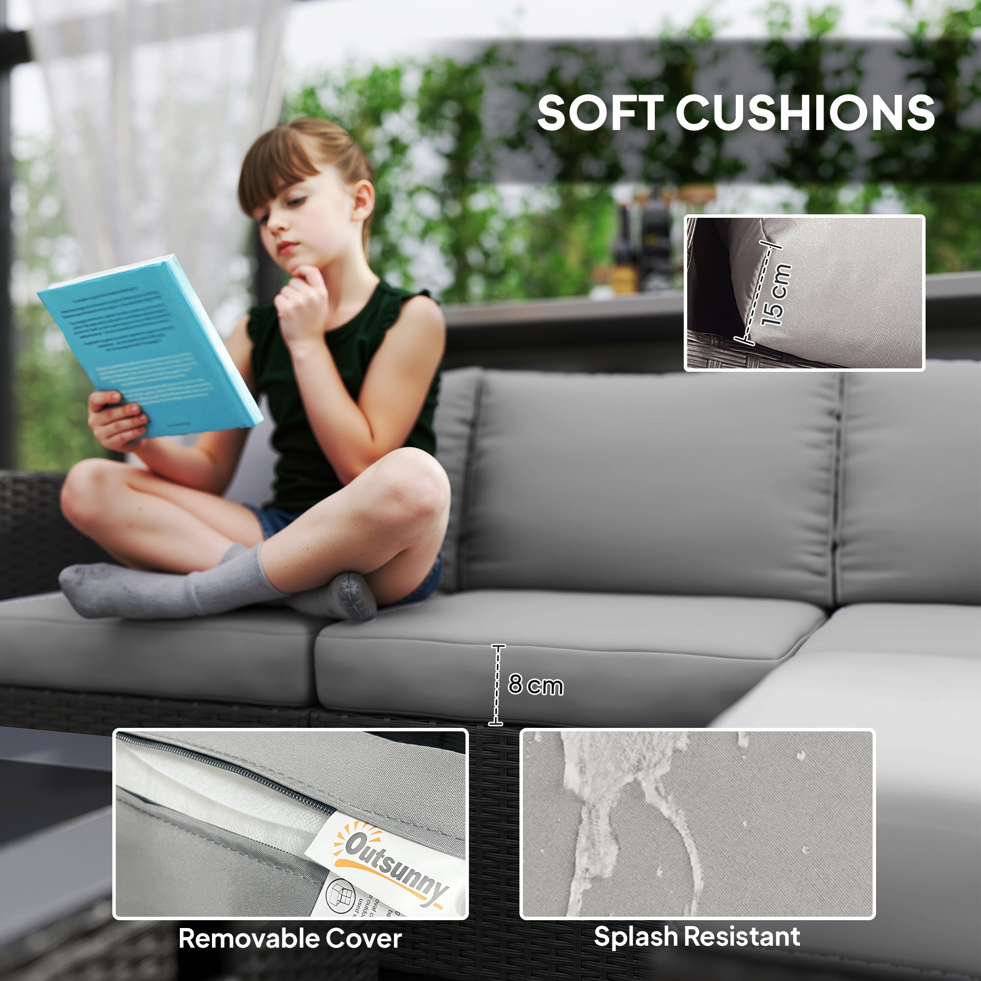 Outsunny Five Piece Rattan Garden Furniture Set with Gas Fire Pit Table and Footstool - Grey