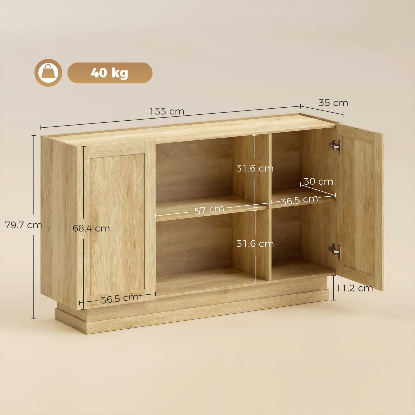 HOMCOM Sideboard Buffet Cabinet, 133 cm Storage Cabinet with 2 Open Shelves, 2 Cupboards and Soft Close Doors, Natural
