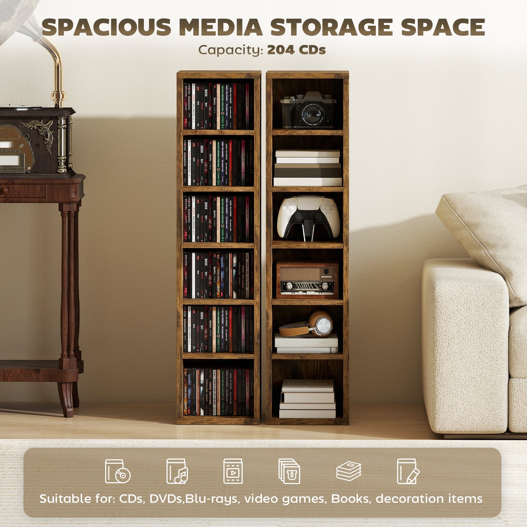 HOMCOM Set of 2 CD Media Display Shelf Unit Tower Rack with Adjustable Shelves, Rustic Brown