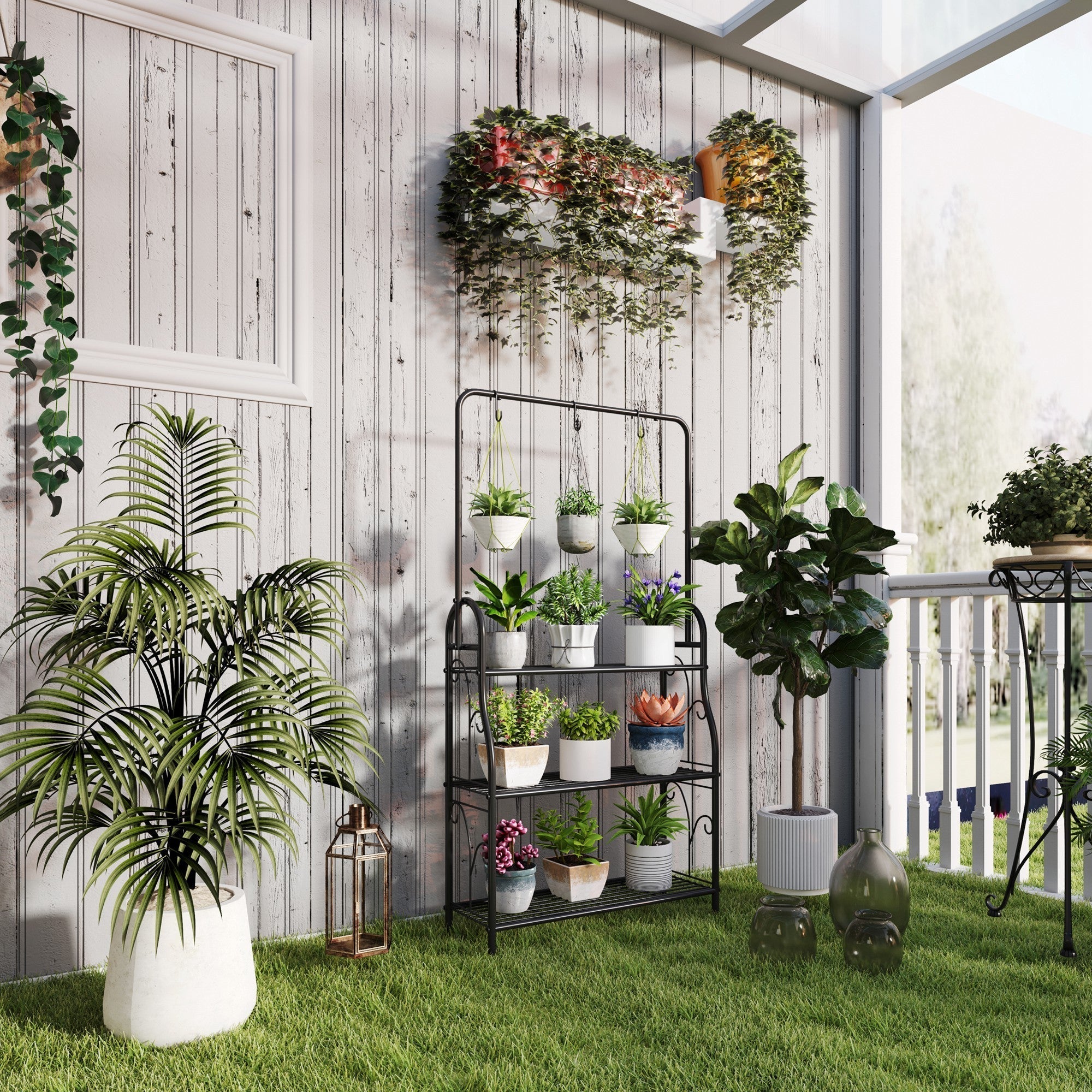 Outsunny 3 Tier Plant Stand with Hanging Rod and Hooks, Metal Plant Rack Shelf, Ladder Flower Pot for Indoor Outdoor Porch Balcony Living Room Bedroom, Black