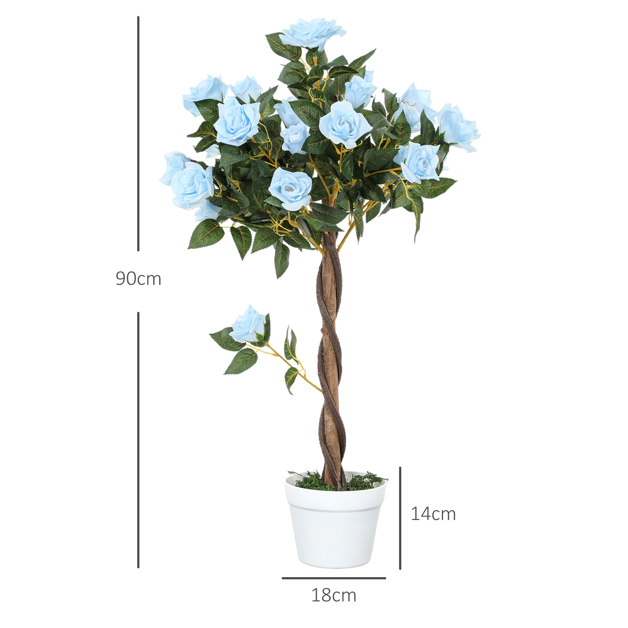 Outsunny Set of 2 Artificial Plants White Rose Floral in Pot, Fake Plants for Home Indoor Decor, 90cm, Light Blue