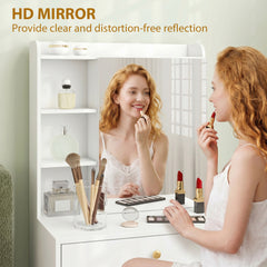 HOMCOM Dressing Table with Mirror and Mobile Storage Stool, Compact Vanity Table with Cabinet, Drawers, Open Shelves, White