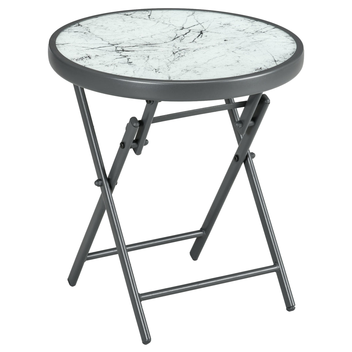 Outsunny a45cm Garden Side Table, Outdoor Round Folding Patio Table with Imitation Marble Glass Top, Small Coffee Table, White