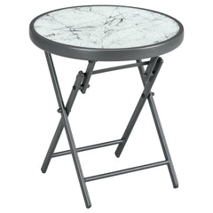 Outsunny a45cm Garden Side Table, Outdoor Round Folding Patio Table with Imitation Marble Glass Top, Small Coffee Table, White