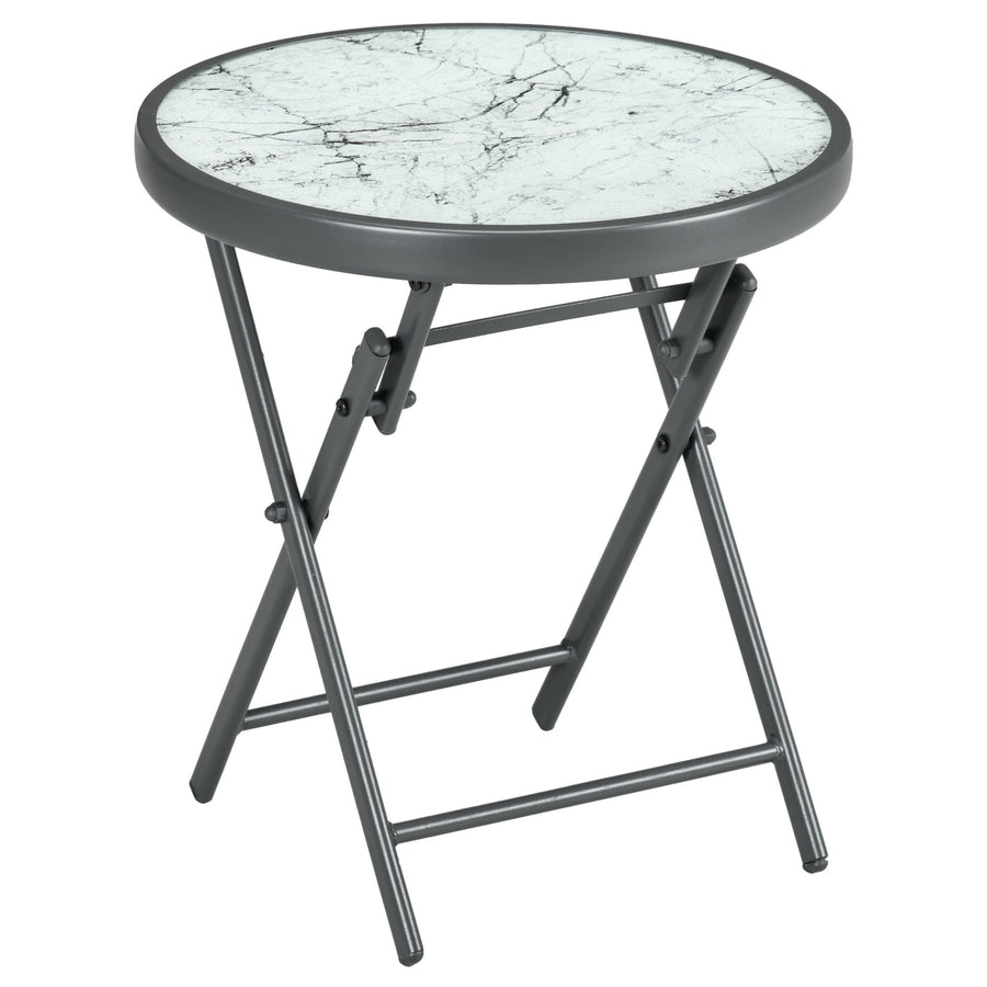 Outsunny a45cm Garden Side Table, Outdoor Round Folding Patio Table with Imitation Marble Glass Top, Small Coffee Table, White