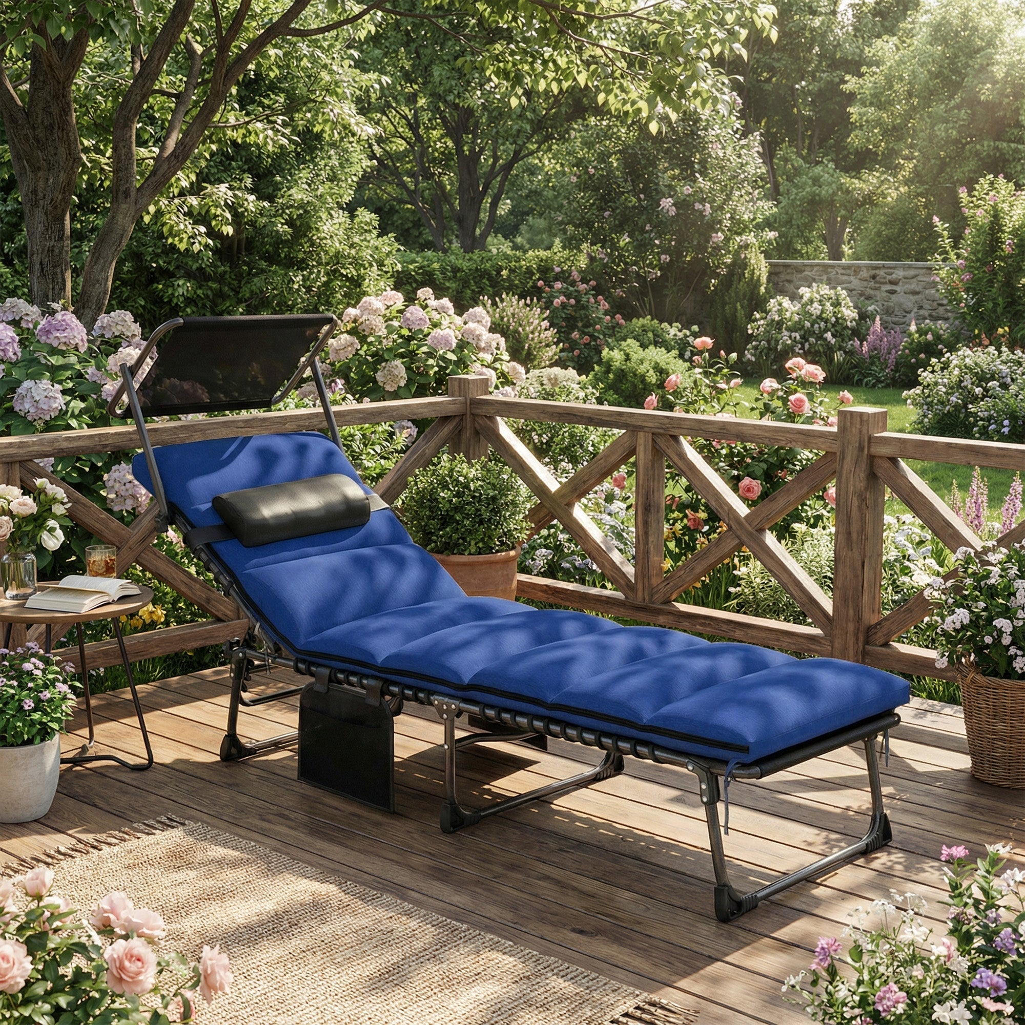 Outsunny Folding Sun Lounger with Canopy, Reclining Sunbed with Cushion, Side Pocket, Carrying Handle, Dark Blue