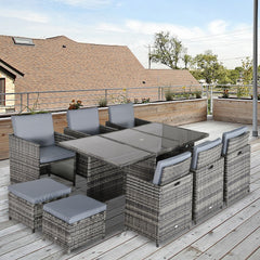 Outsunny 10 Seater Rattan Cube Garden Furniture Set with Parasol Hole, Rattan Dining Set with Cushions, Outdoor Dining Table and Chairs with Rectangular Glass Top Table for Patio, Mixed Grey