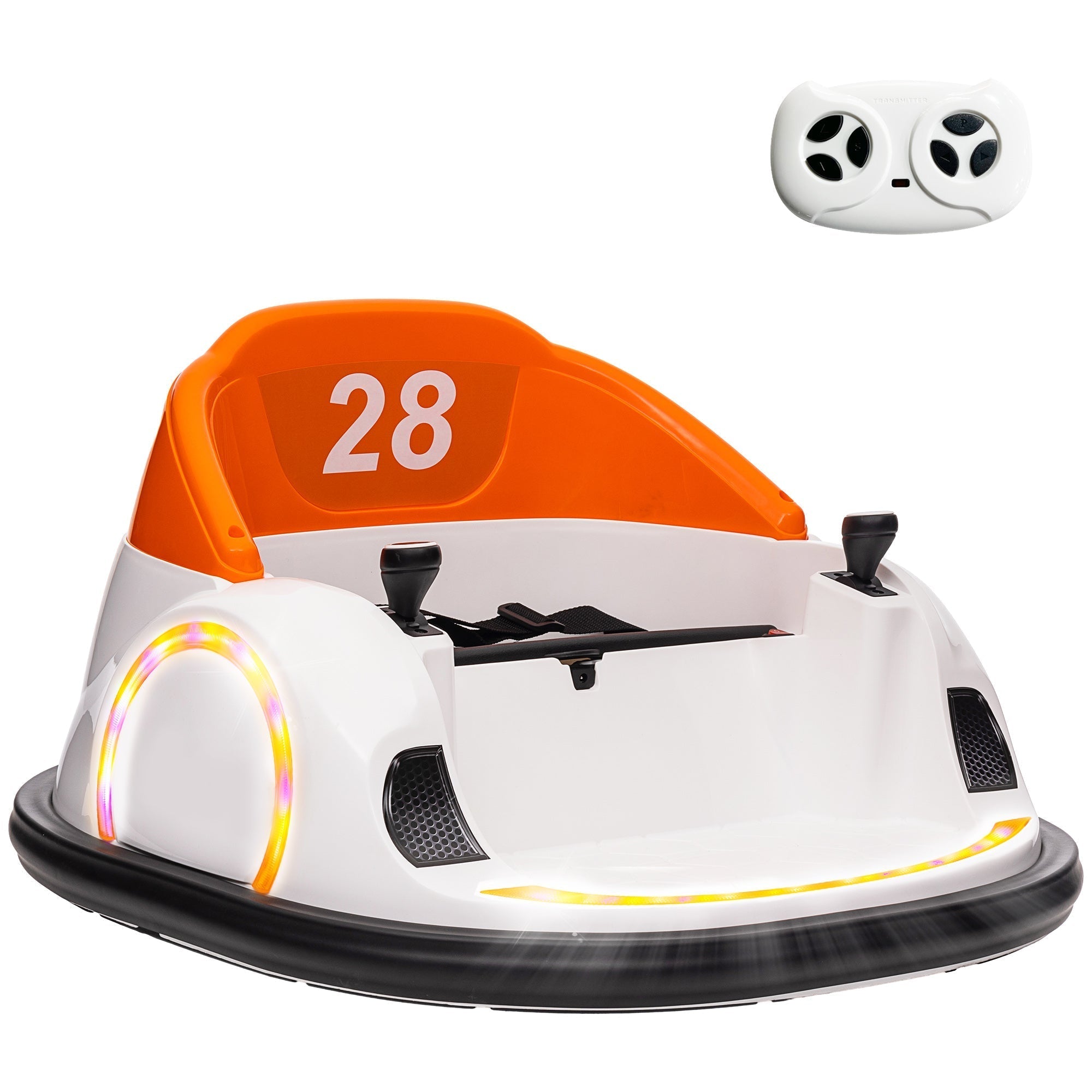 AIYAPLAY 360 Rotation Kids Bumper Car, 12V Waltzer Car with Remote Control, Dual Joysticks, Music Lights, Orange