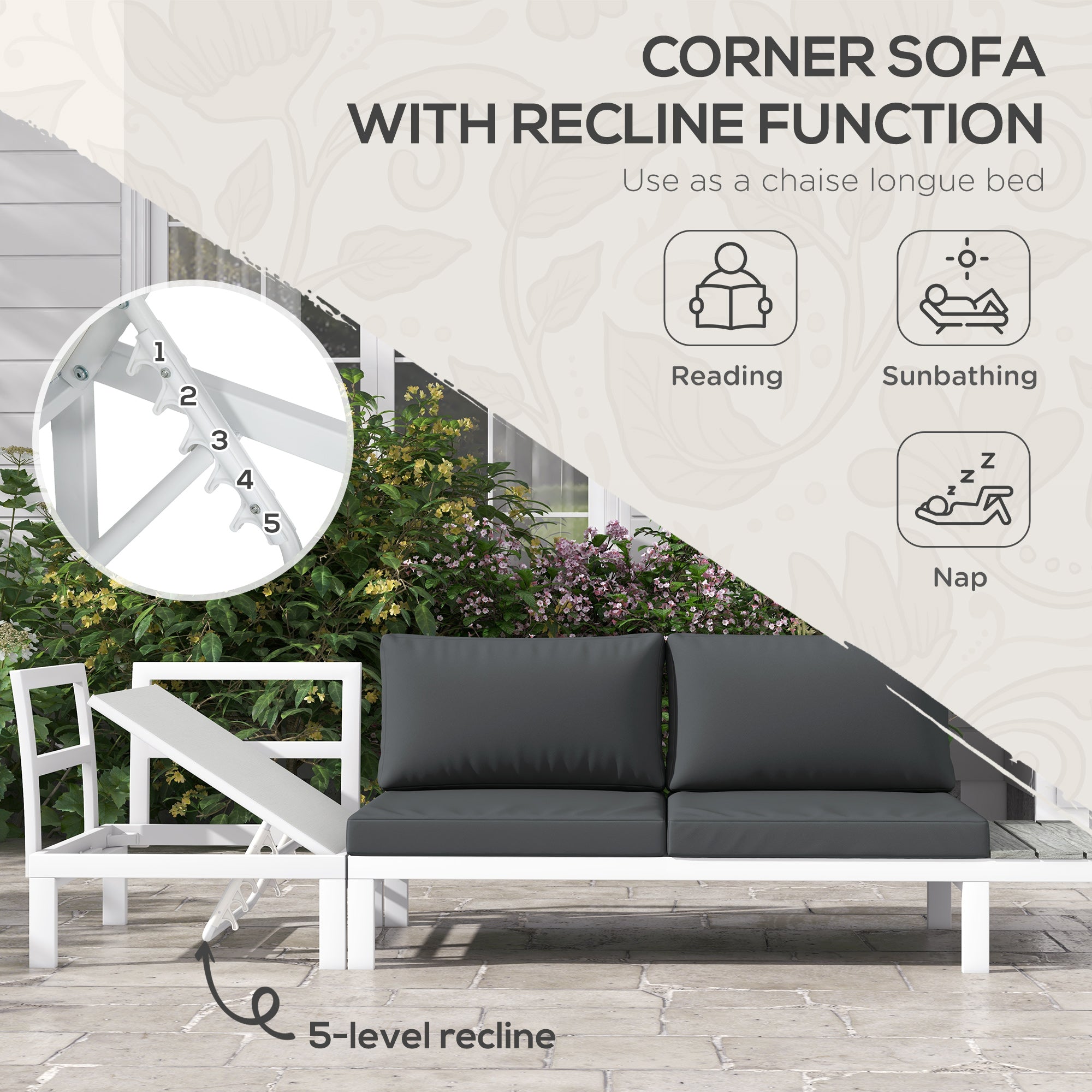 Outsunny 4 Pieces Garden Furniture Set, 5-Level Reclining Garden Corner Sofa Set, Outdoor Lounge Conversation Sectional with Cushions, Wood Effect Plastic Table, White Frame & Grey Cushion