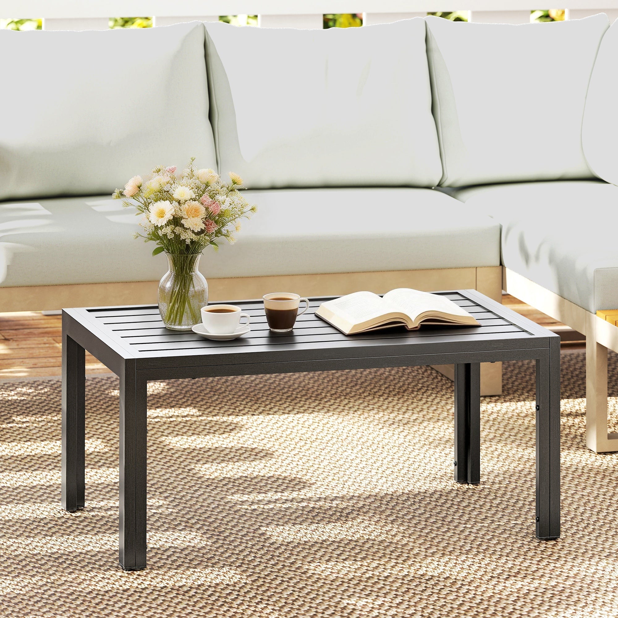 Outsunny Outdoor Side Table, Rectangular Patio Coffee Side Table with Steel Frame and Slat Tabletop for Garden, Balcony, Grey