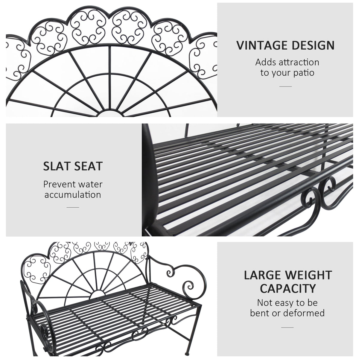 Outsunny Metal Garden Bench Loveseat with Slatted Seat, Black