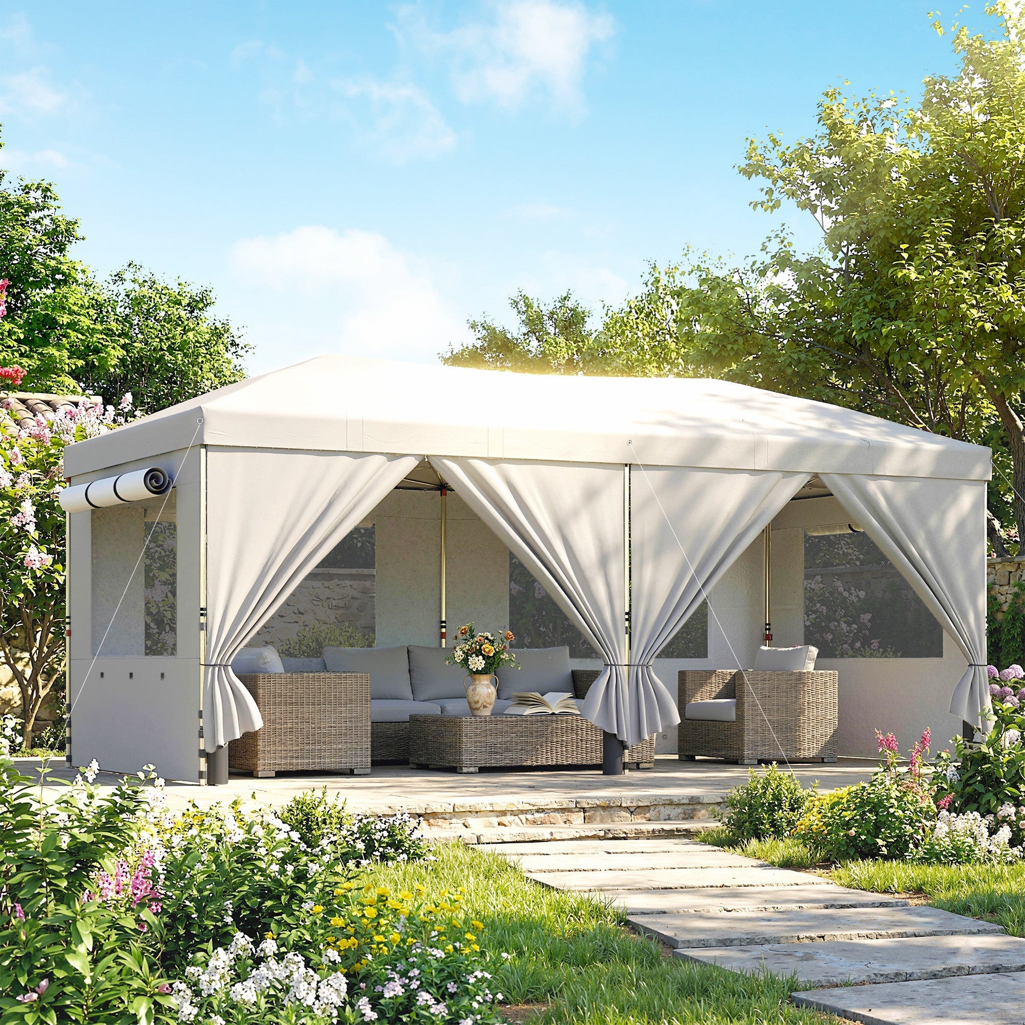 Outsunny 3 x 6 m Pop Up Canopy with UV50+ Protection Garden Gazebo with 6 Sidewalls, White