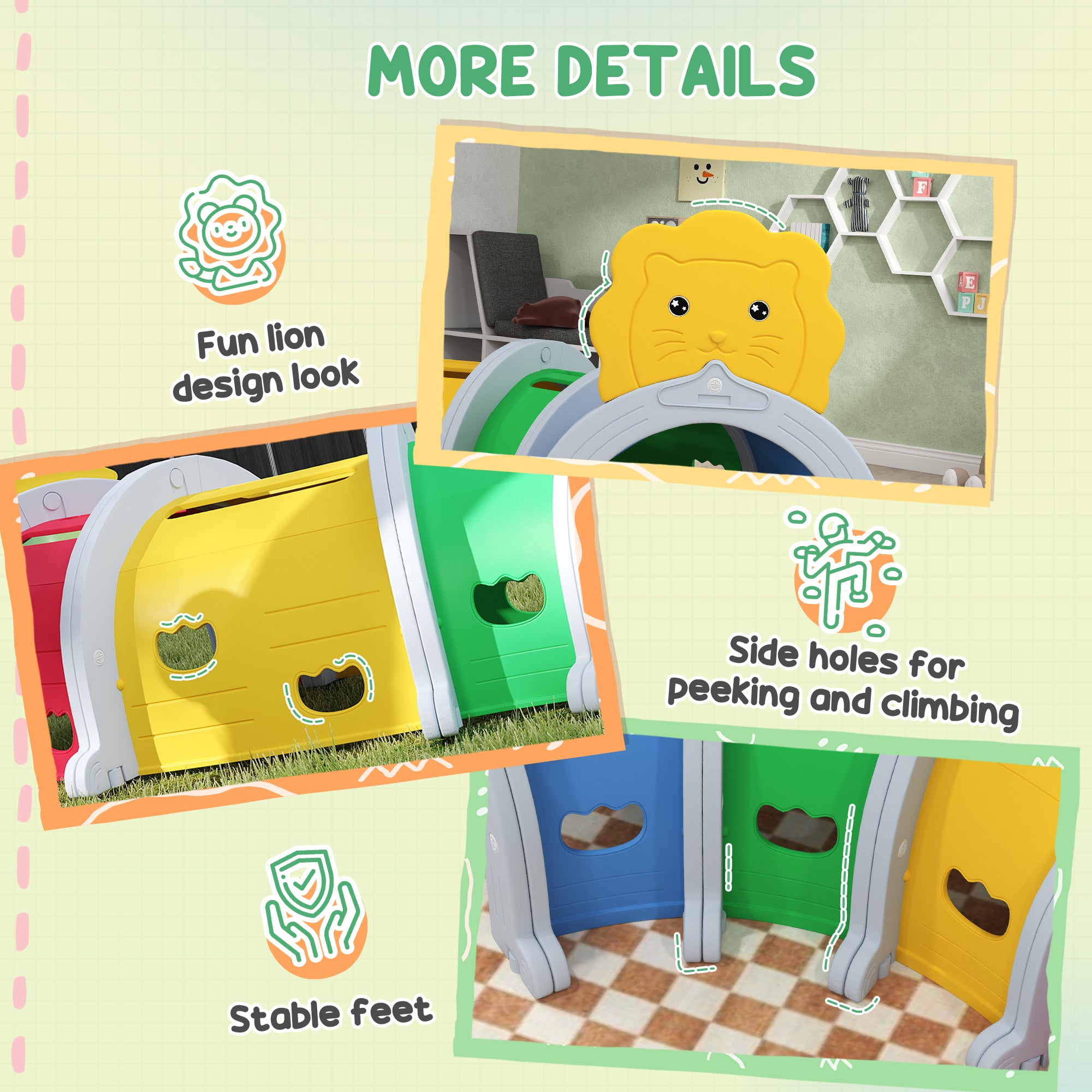 AIYAPLAY Kids Play Tunnel with Lion Design for 3-6 Years, Crawling, Climbing, Indoors & Outdoors