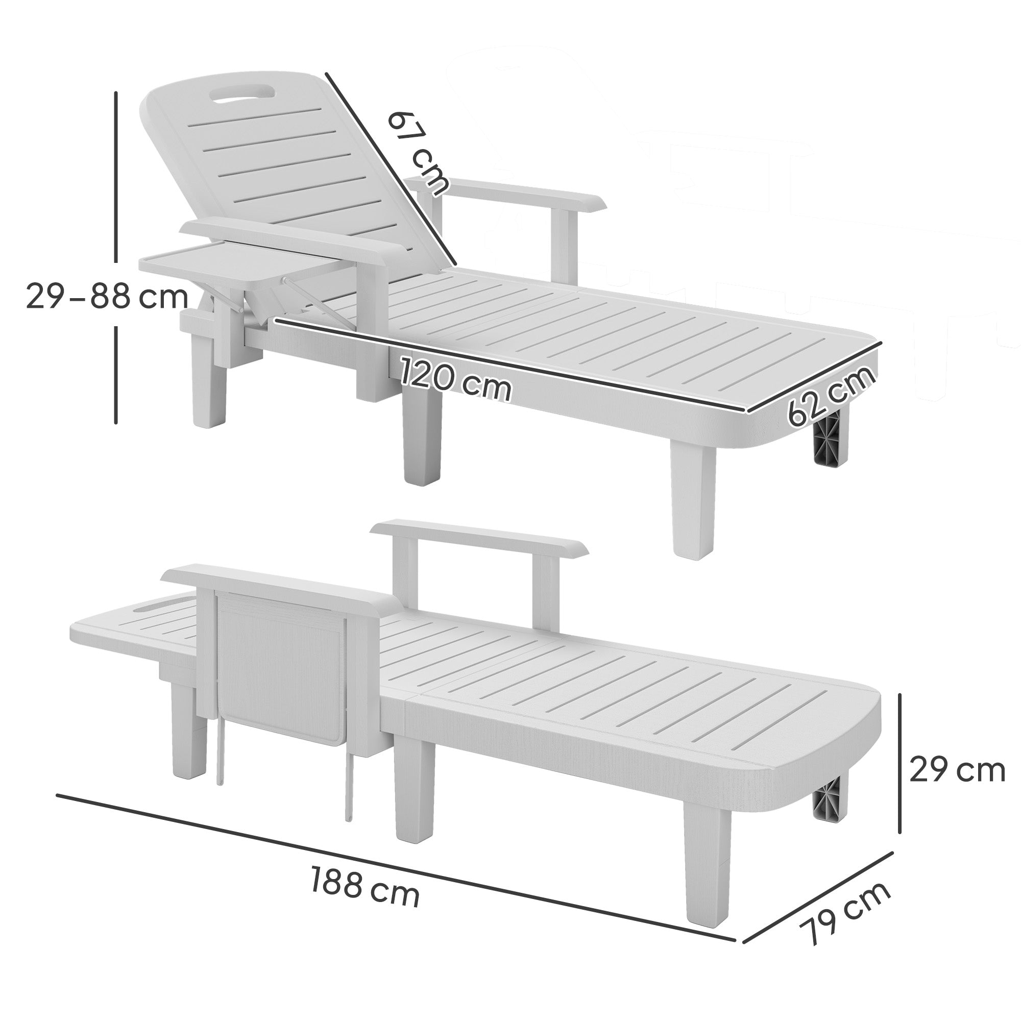 Outsunny Set of 2 Resin Reclining Sun Loungers for Garden, 5 Positions Adjustable Outdoor Chaise Lounge Chairs with Wood Texture Surface, Armrests, Foldable Side Table for Garden, Beach, White