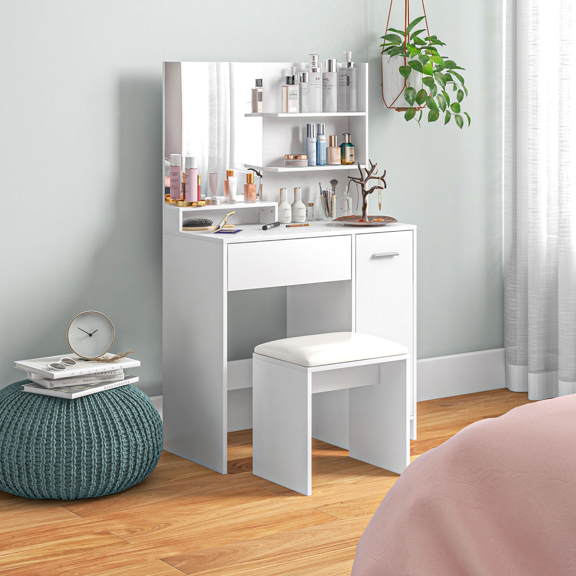HOMCOM Dressing Table and Stool Set, with Storage - White