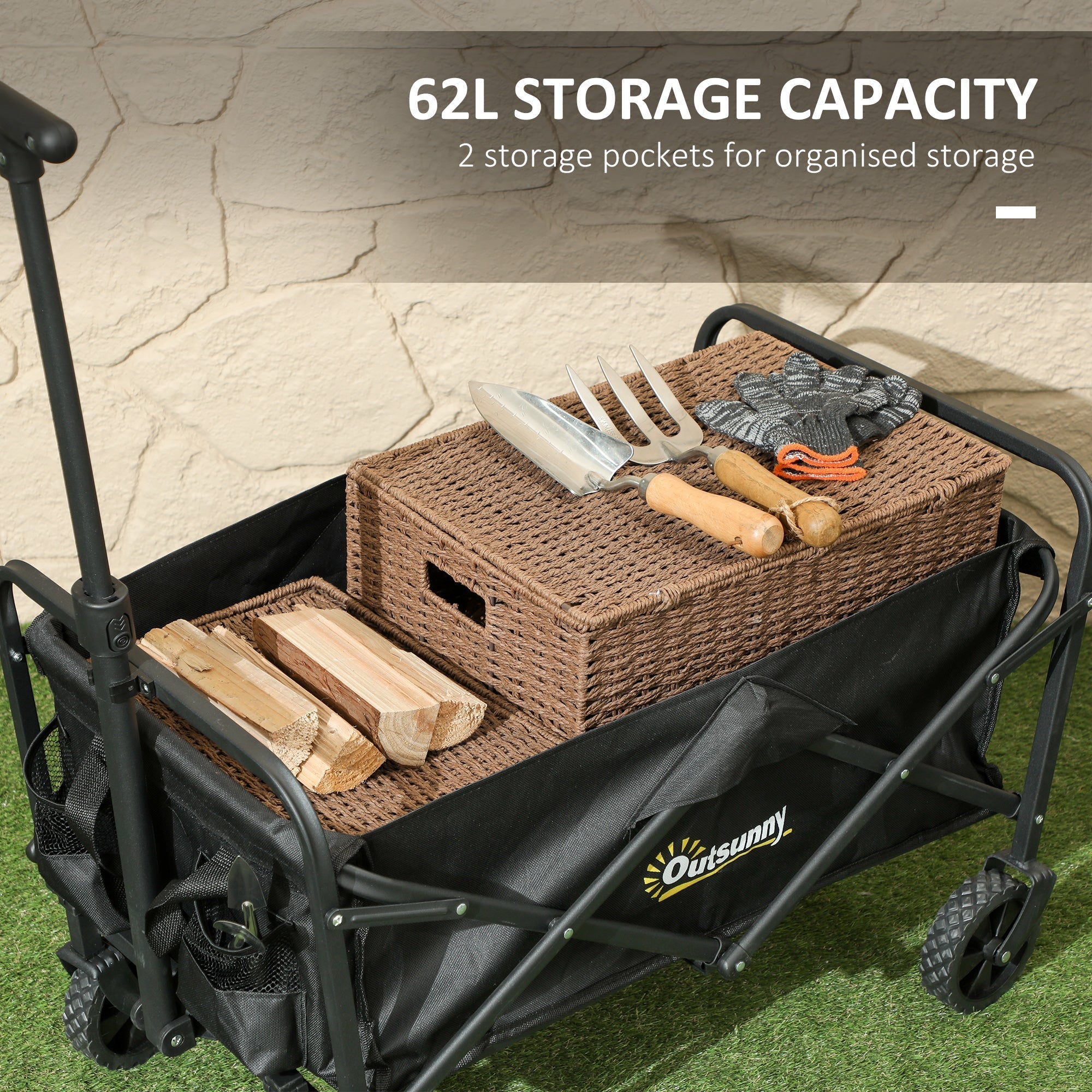 Outsunny 62L Festival Trolley on Wheels, Garden Folding Trolley Cart, 120kg Heavy Duty Collapsible Folding Wagon with Adjustable Handle and Carrying Bag for Beach, Camping, Festival, Black