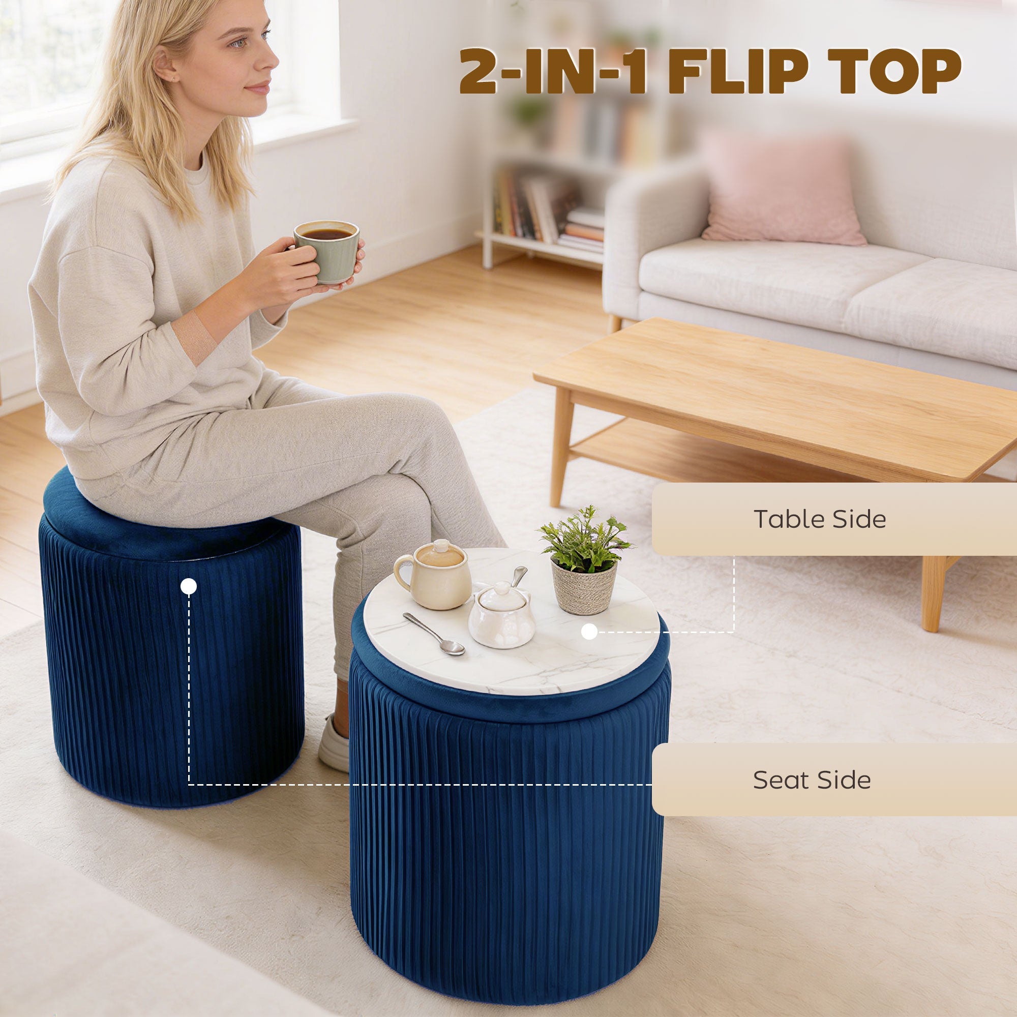 HOMCOM Storage Ottoman Modern Velvet Round Foot Stool for Living Room Bedroom 45 cm Blue