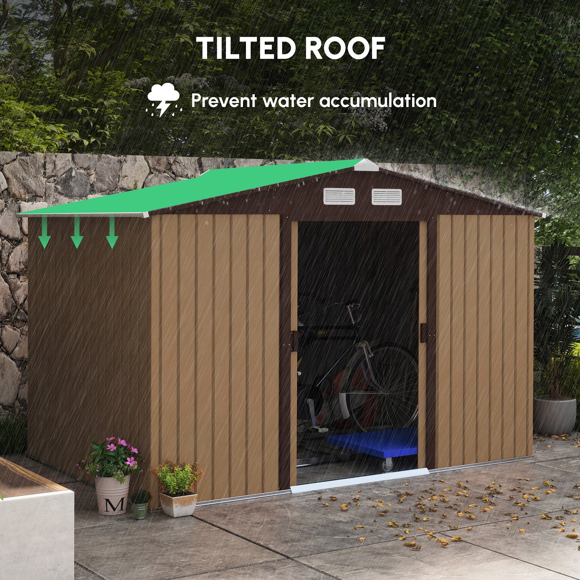 Outsunny 9 x 6ft Metal Garden Shed, Outdoor Storage Tool House with Ventilation Slots, Foundation Kit and Lockable Double Doors, Light Brown