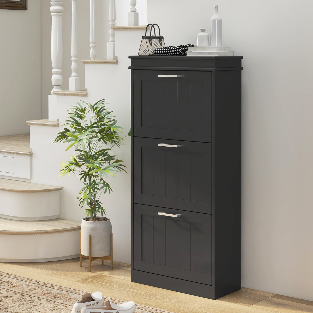 HOMCOM Three-Drawer Minimalistic Shoe Cabinet - Black