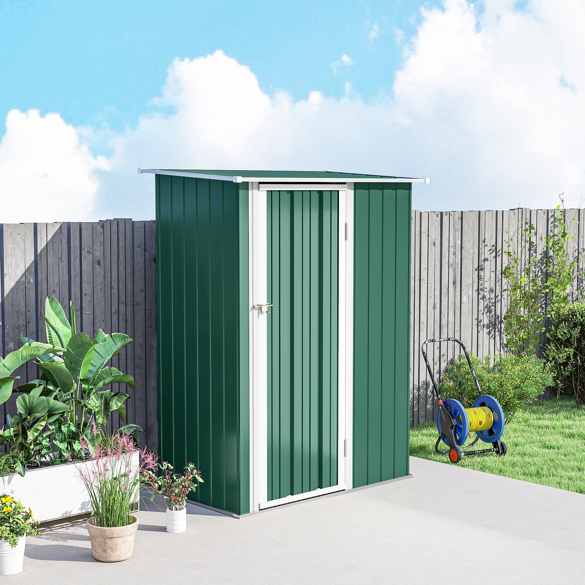 Outsunny 5ft x 3ft Metal Garden Storage Shed, Outdoor Tool Shed with Sloped Roof, Lockable Door for Tools, Equipment, Green