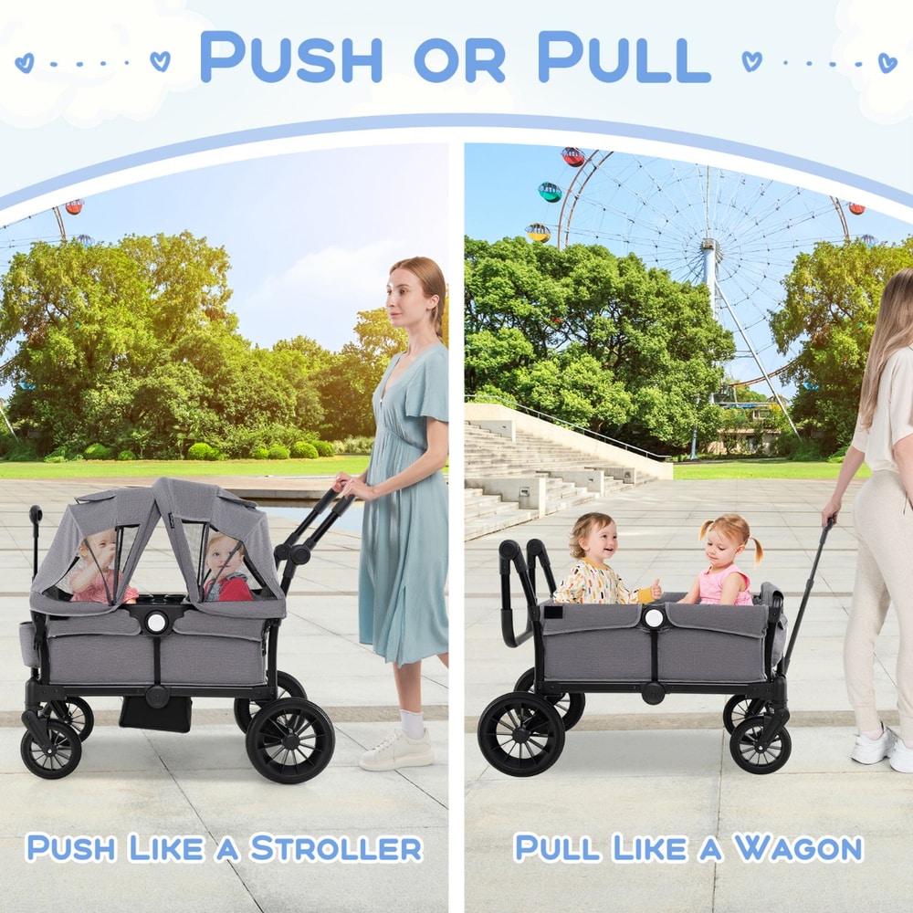 The baby stroller demonstrating the push and pull modes for the user