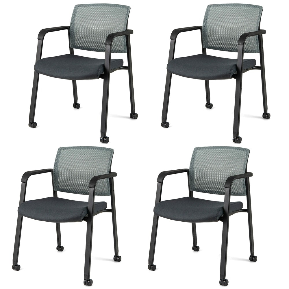 Waiting Room Chairs Set of 4 with armrests and wheels in grey, shown from the front
