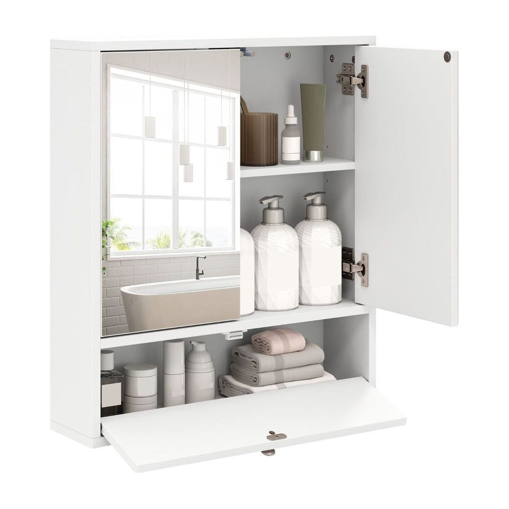 Wall-Mounted Bathroom Cabinet with open door and flip-down compartment showing internal storage