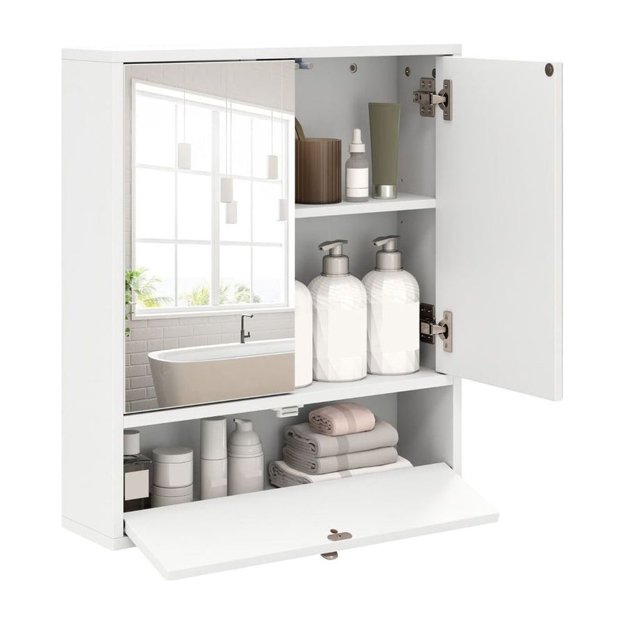 Wall-Mounted Bathroom Cabinet with Mirror and 3-Level Adjustable Shelf and Flip-Open Compartment-White