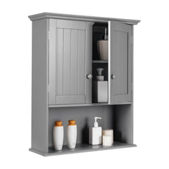 Wall Mounted Bathroom Storage Cabinet with Adjustable Shelf in grey, a two-door wall cabinet with an open shelf below