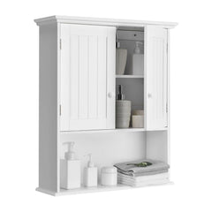 Wall Mounted Bathroom Storage Cabinet with Adjustable Shelf, a white cabinet with two doors and an open shelf below