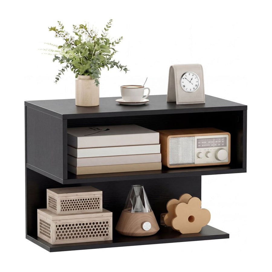 Wall Mounted Bedside Table with Storage Shelves-Black