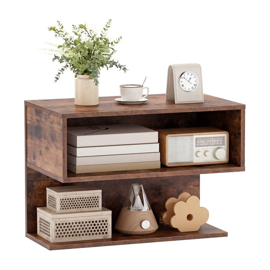 Wall Mounted Bedside Table with Storage Shelves-Rustic Brown