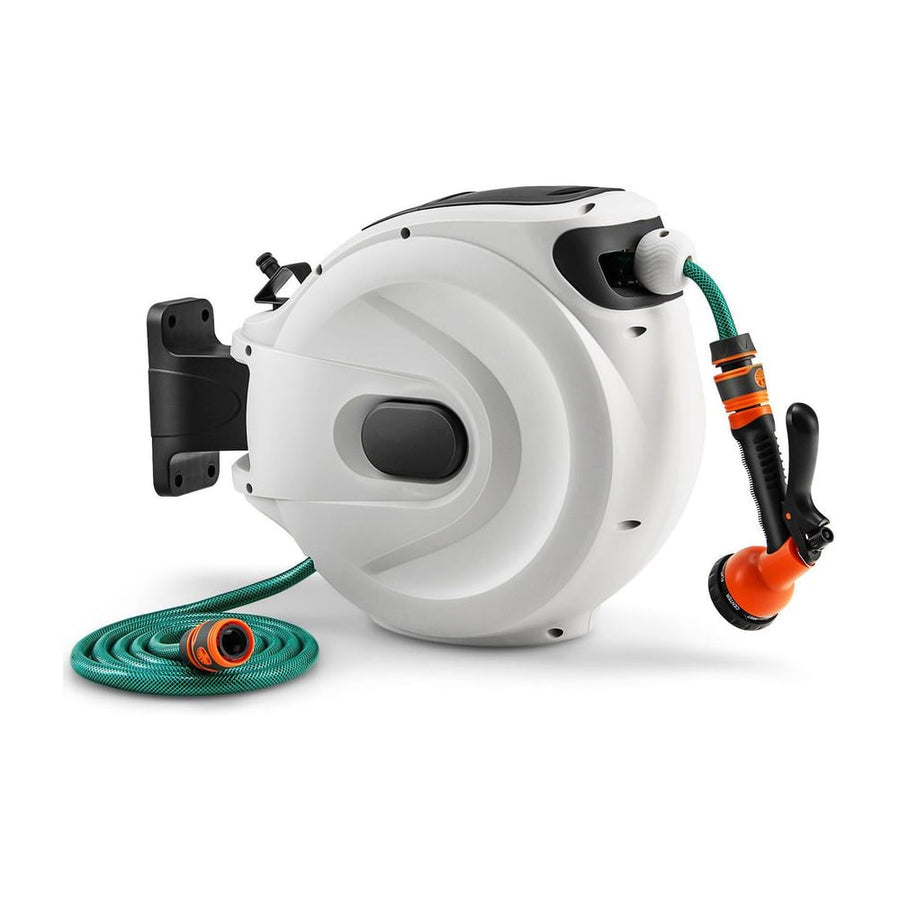 Wall Mounted Hose Reel Retractable Auto Rewind Watering-30+2M with a green hose and spray nozzle